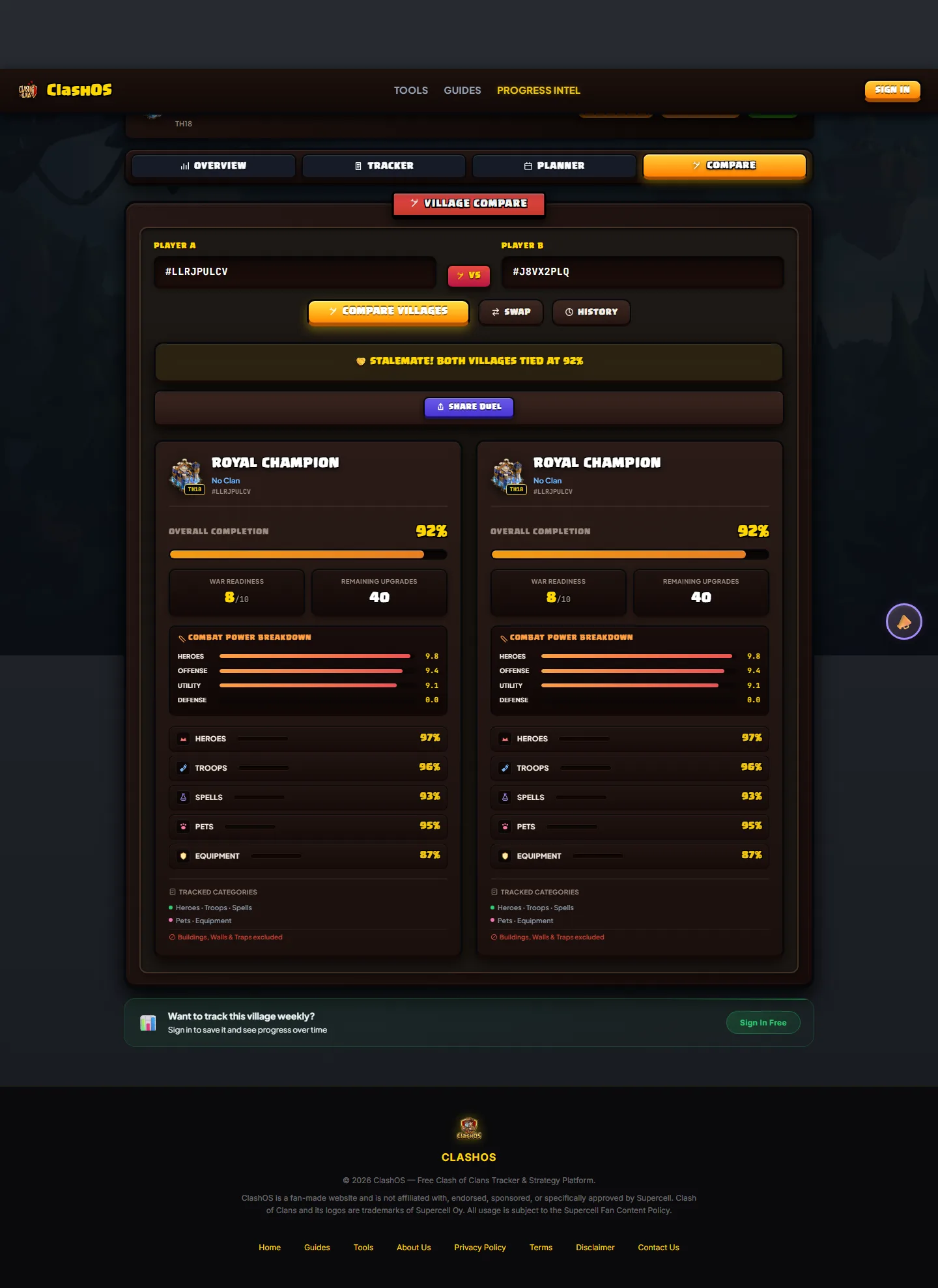 Progress Intel Compare tab: two villages side by side